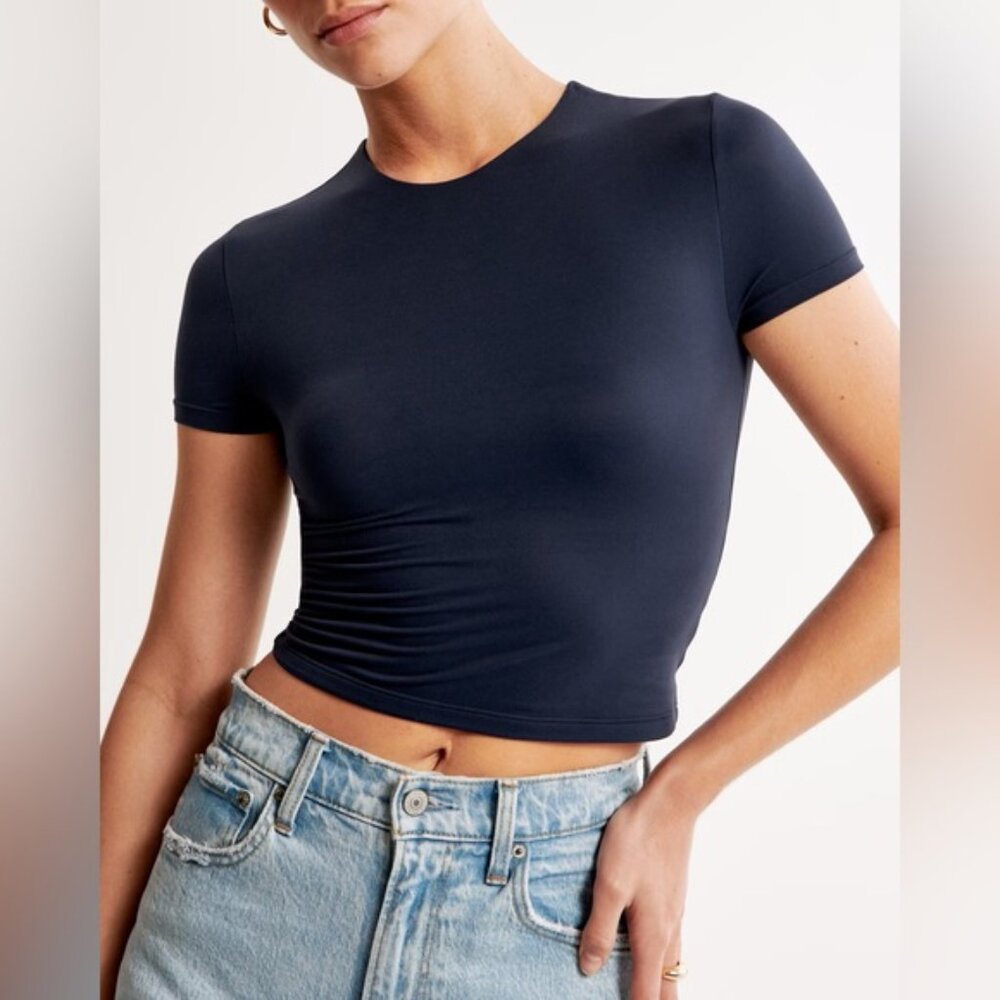 Abercrombie Soft Matte Seamless Crop Baby Tee Navy XS